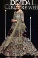 Pakistani Antique Gold Embroidered Peplum with Maroon Velvet Sharara (3-Piece) - Image 3