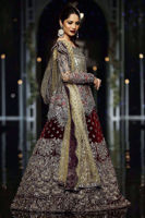 Pakistani Antique Gold Embroidered Peplum with Maroon Velvet Sharara (3-Piece) - Image 4