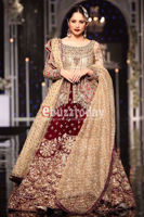 Pakistani Antique Gold Embroidered Peplum with Maroon Velvet Sharara (3-Piece) - Image 6