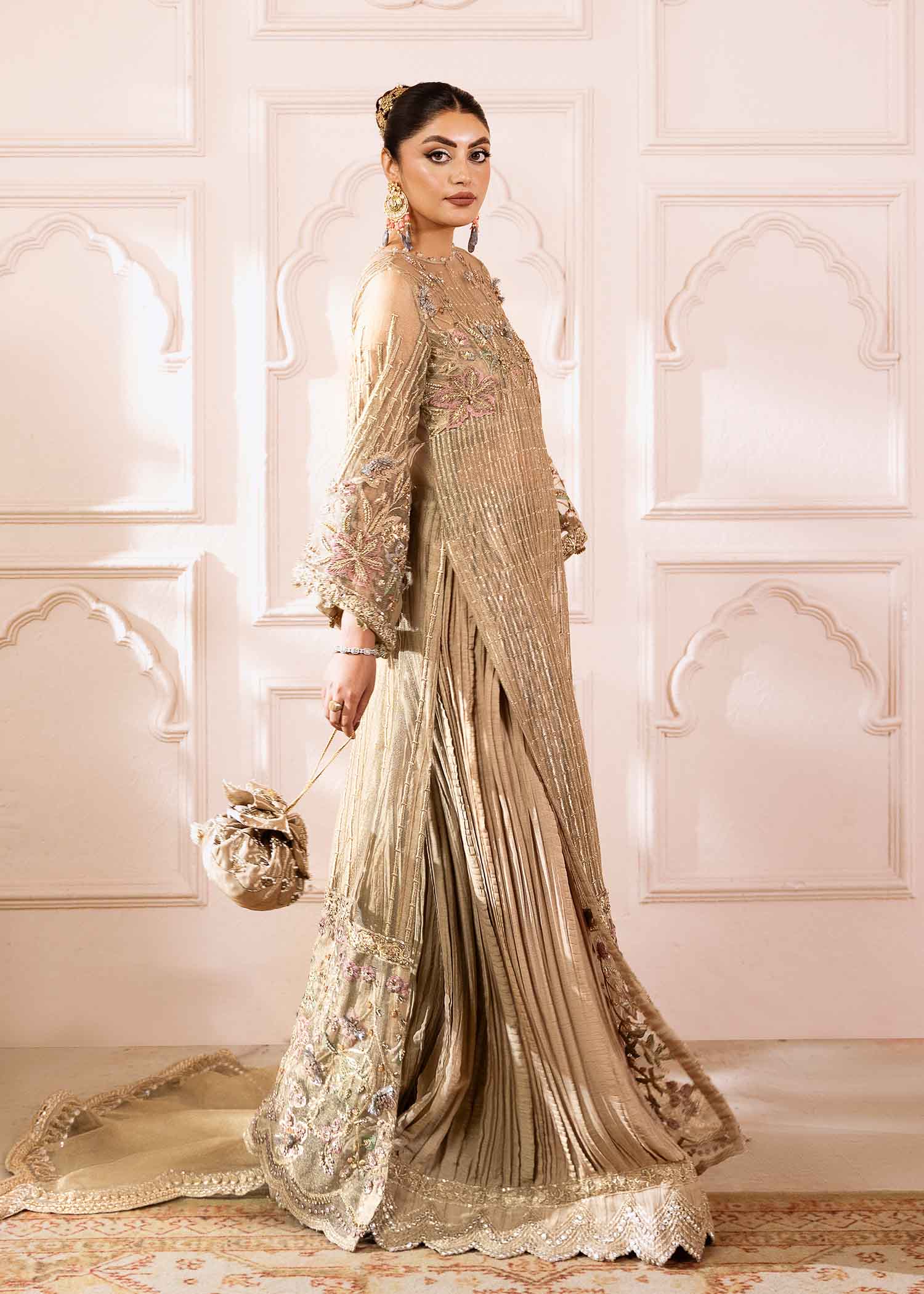 Pakistani Grey Zari Net Embroidered Sharara Set (3-Piece) - Image 2