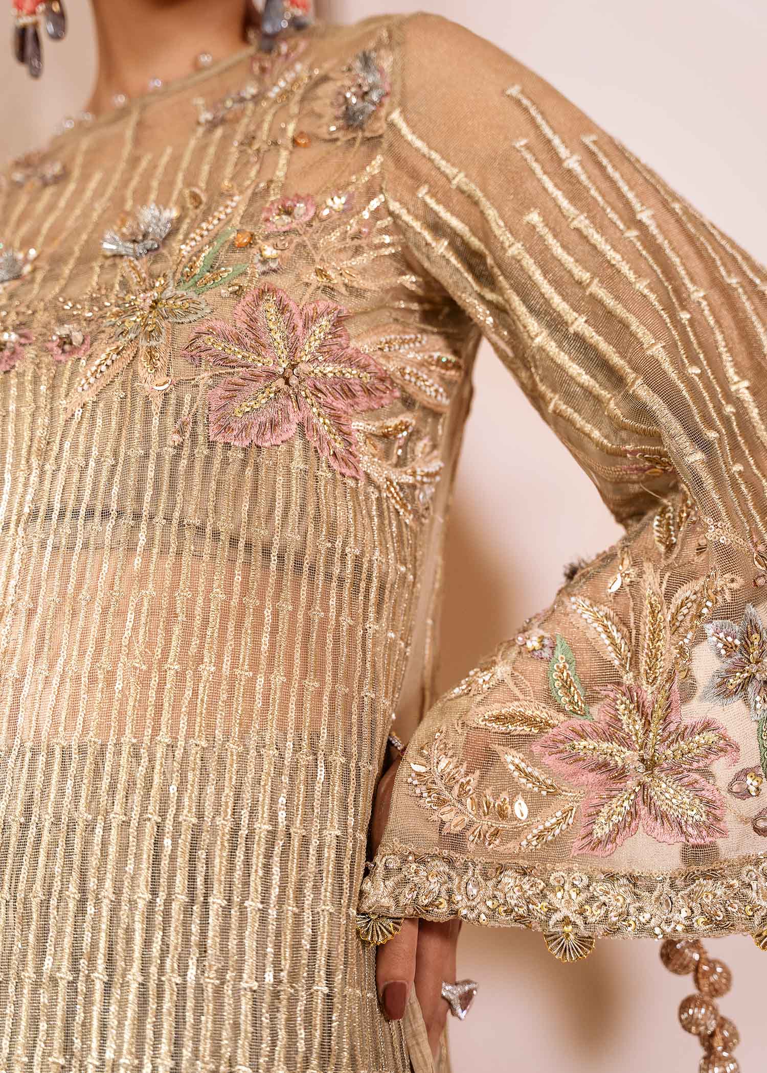 Pakistani Grey Zari Net Embroidered Sharara Set (3-Piece) - Image 4