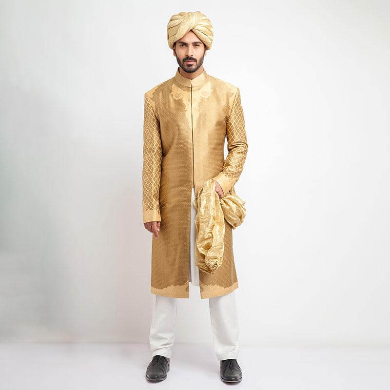 Peach Gold Red Brocade Groom Sherwani (4-Piece) - Image 1