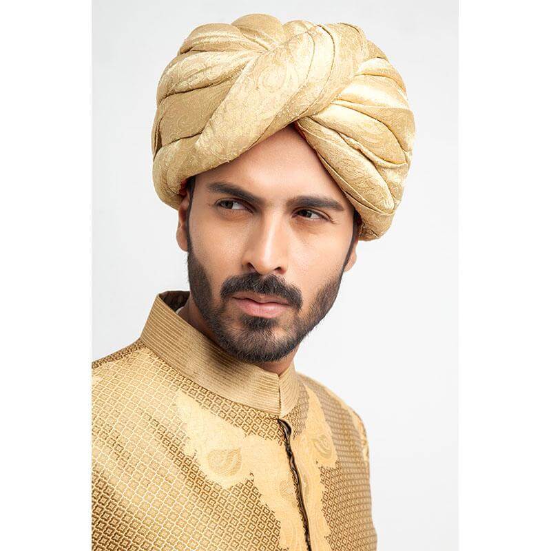 Peach Gold Red Brocade Groom Sherwani (4-Piece) - Image 3