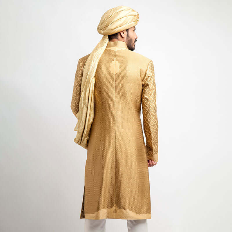 Peach Gold Red Brocade Groom Sherwani (4-Piece) - Image 4