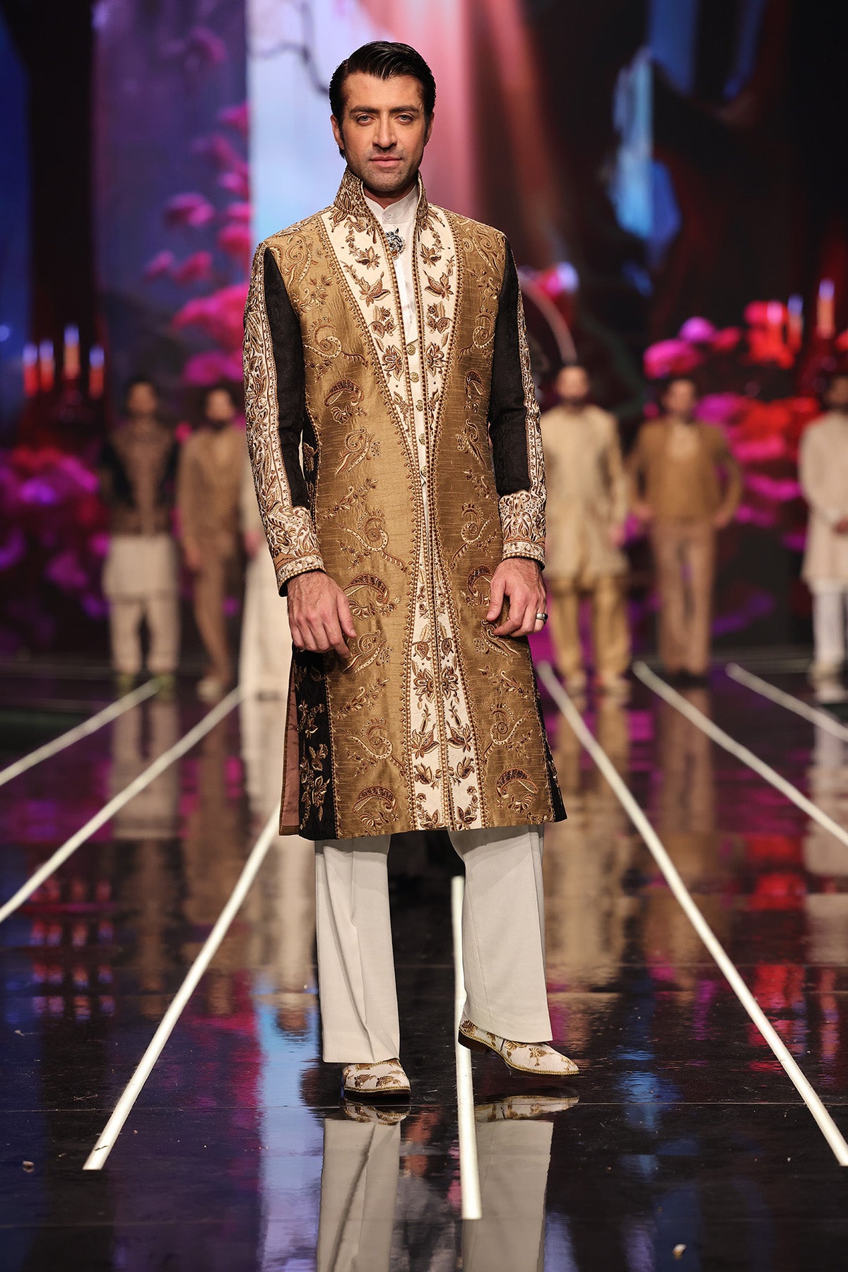 Antique Gold and Black Embroidered Silk-Blend Sherwani (2-Piece) - Image 1