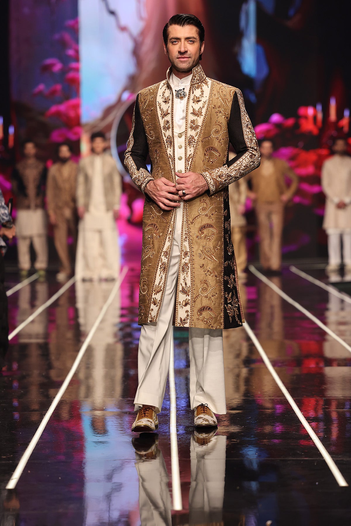 Antique Gold and Black Embroidered Silk-Blend Sherwani (2-Piece) - Image 2