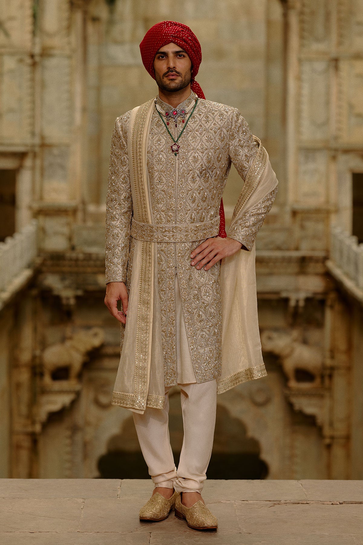 Gold Zardozi Twill Weave Brocade Sherwani (3-Piece) - Image 2