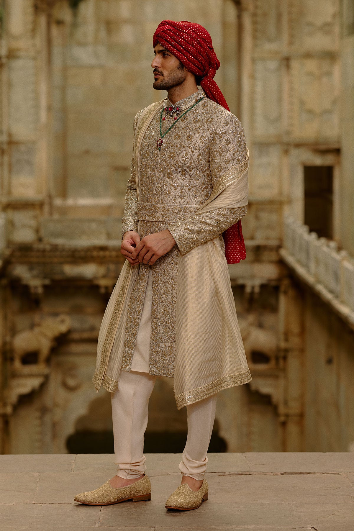 Gold Zardozi Twill Weave Brocade Sherwani (3-Piece) - Image 3