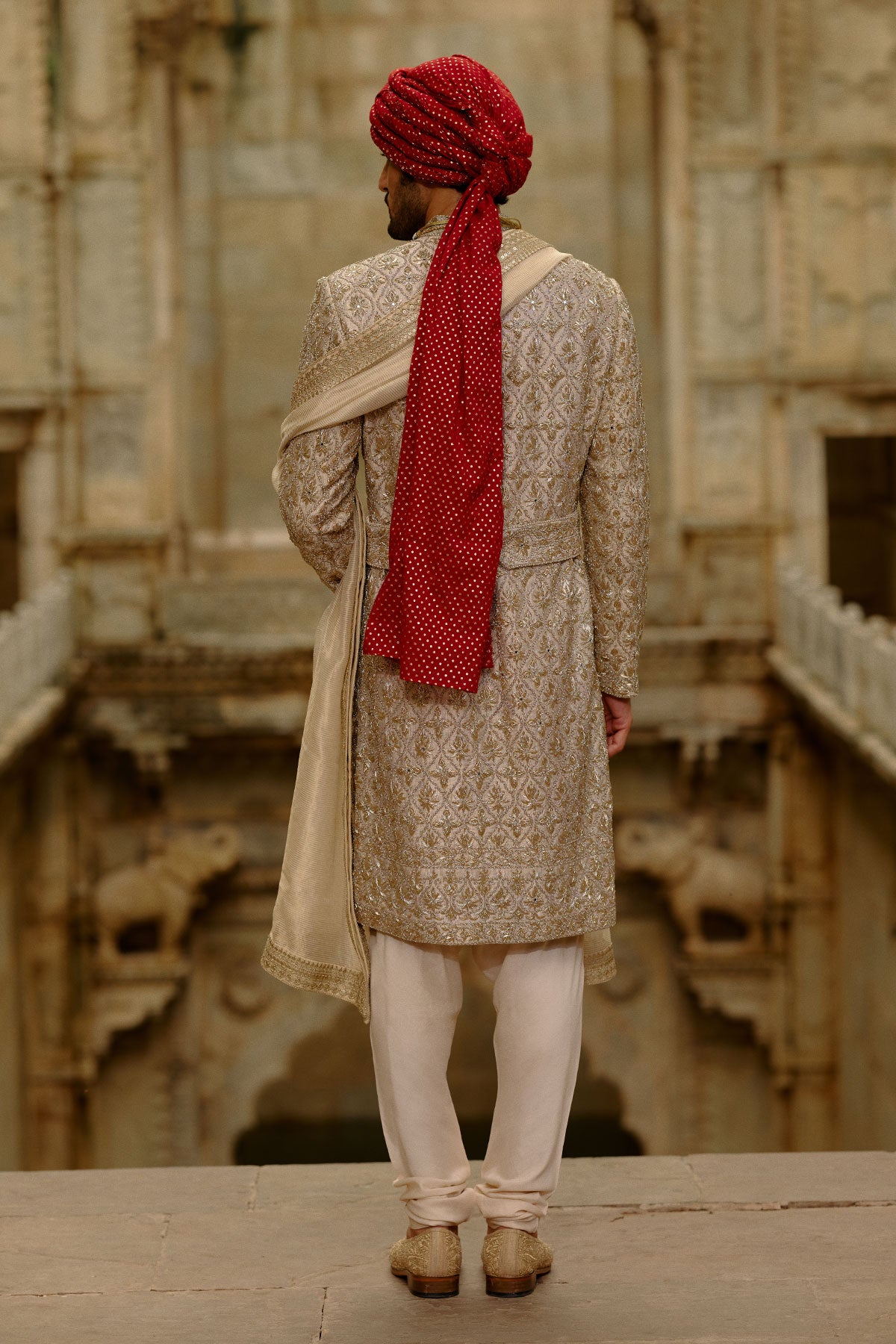 Gold Zardozi Twill Weave Brocade Sherwani (3-Piece) - Image 4