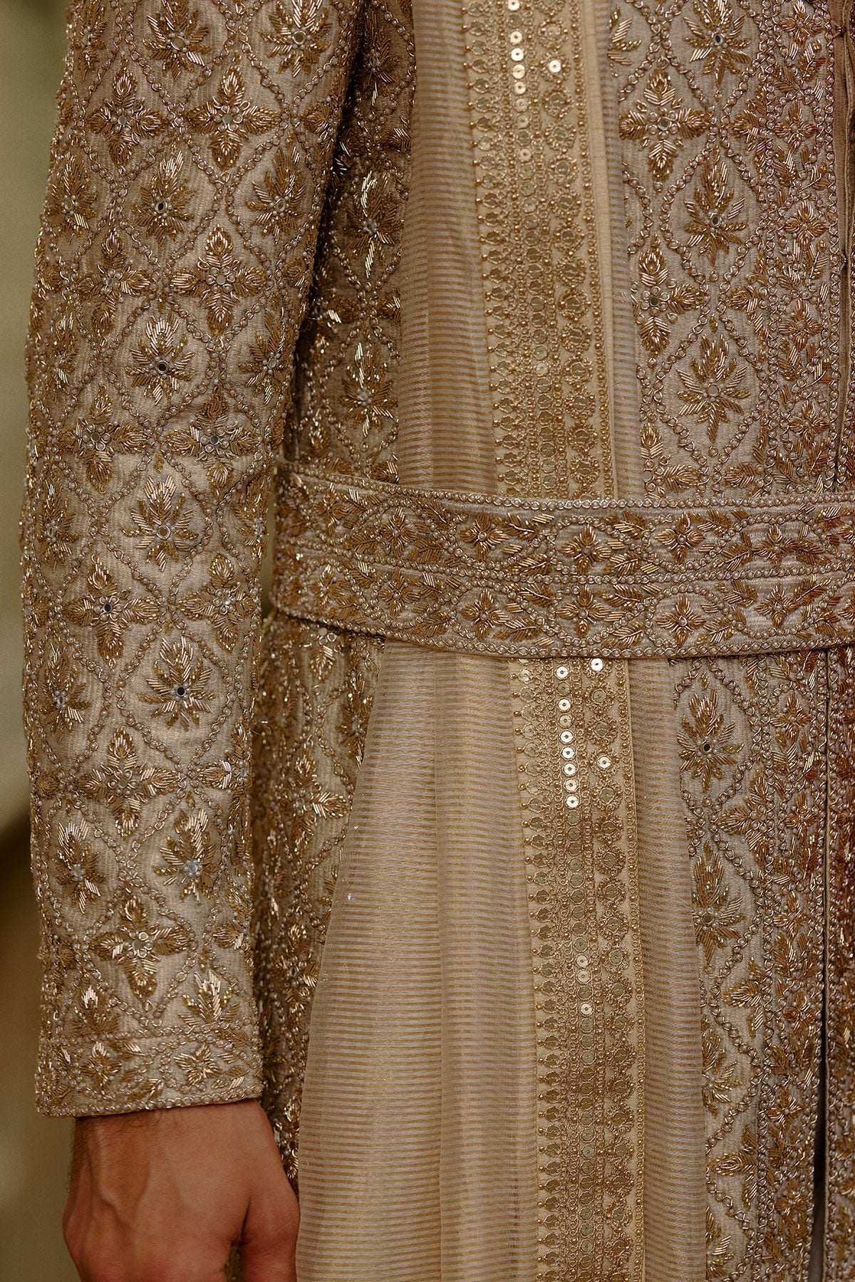 Gold Zardozi Twill Weave Brocade Sherwani (3-Piece) - Image 5