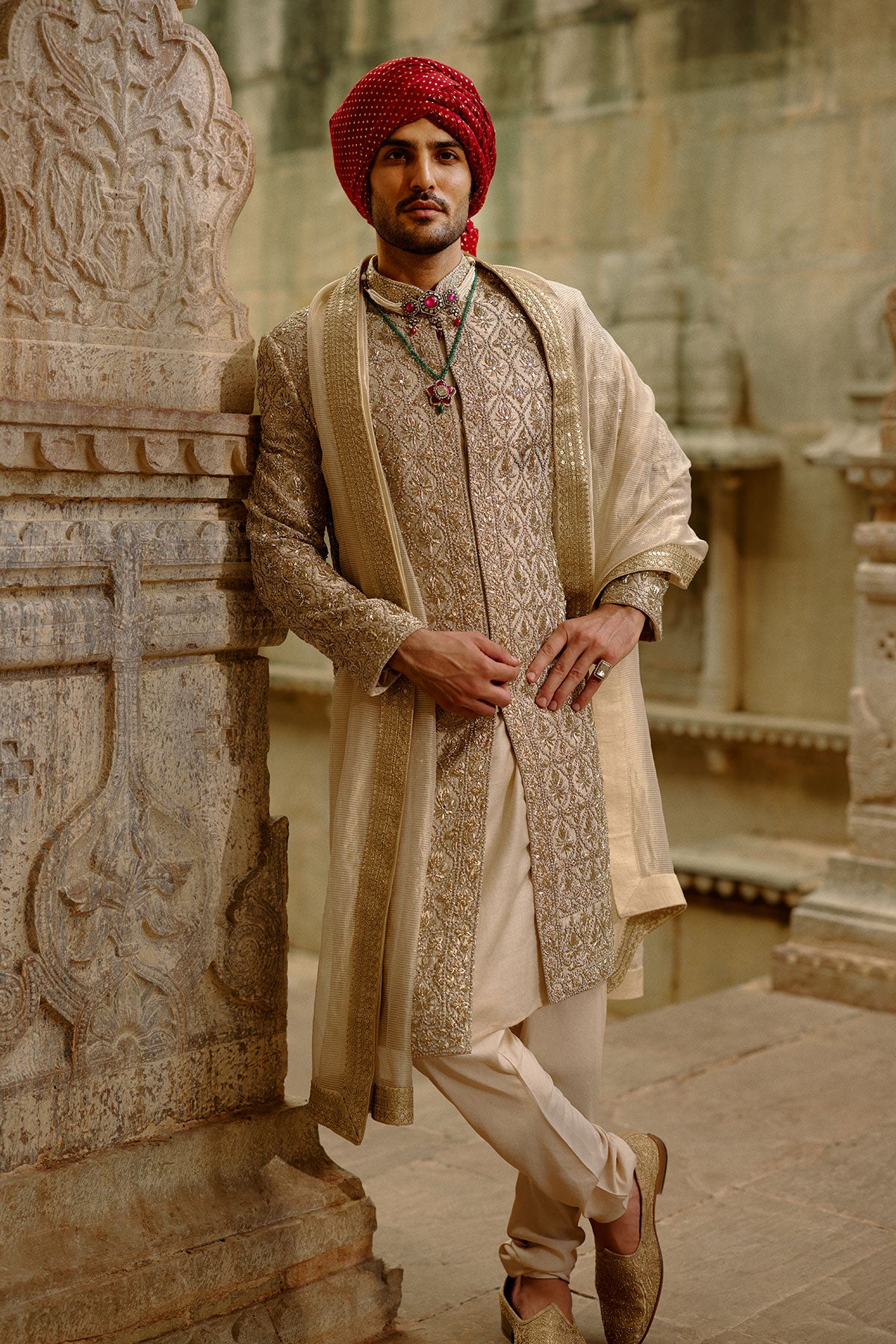 Gold Zardozi Twill Weave Brocade Sherwani (3-Piece) - Image 6
