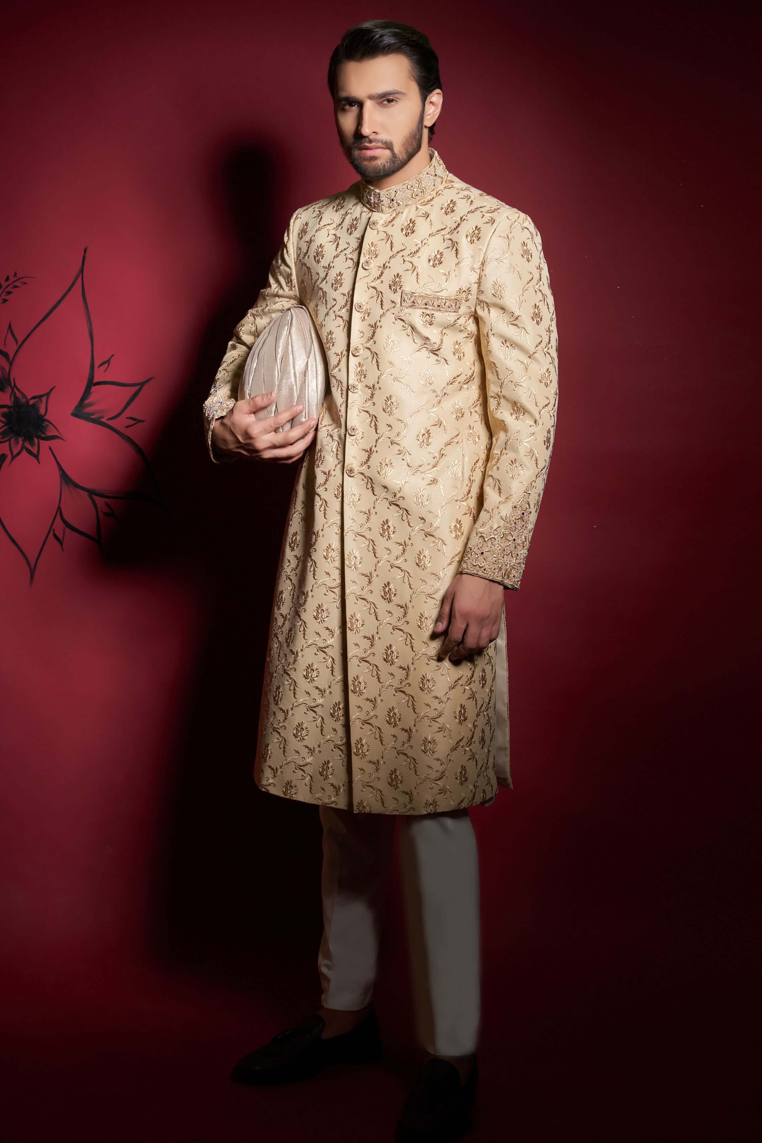 Light Gold Zardozi Cotton-Silk Sherwani (3-Piece) - Image 2