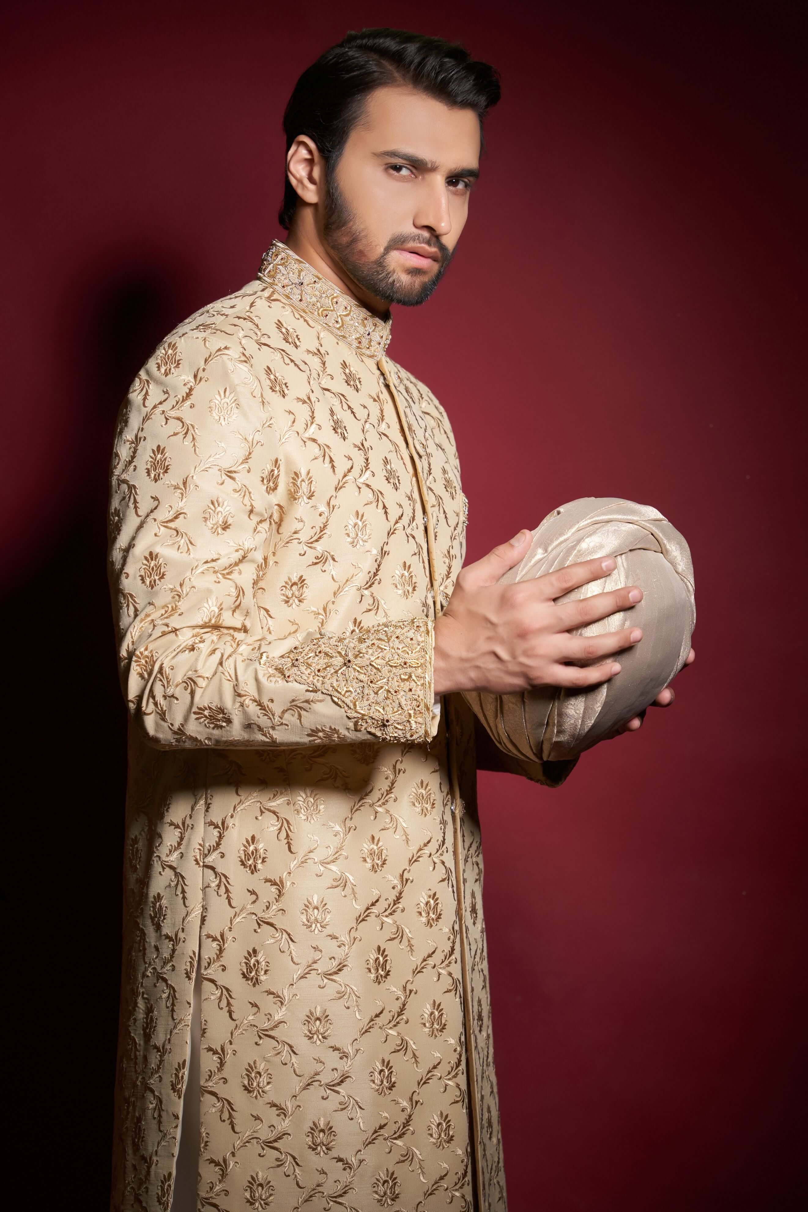 Light Gold Zardozi Cotton-Silk Sherwani (3-Piece) - Image 3