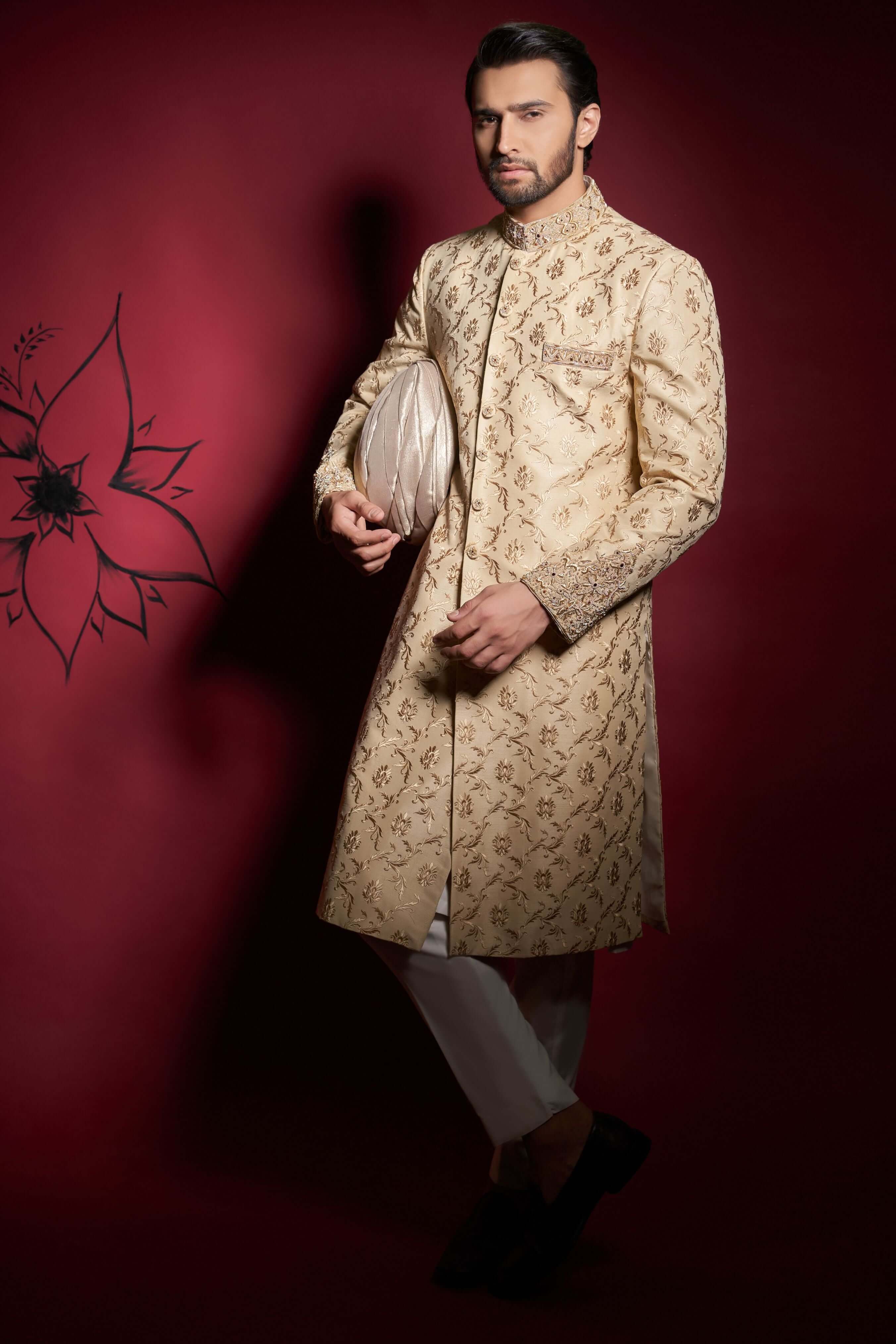 Light Gold Zardozi Cotton-Silk Sherwani (3-Piece) - Image 4
