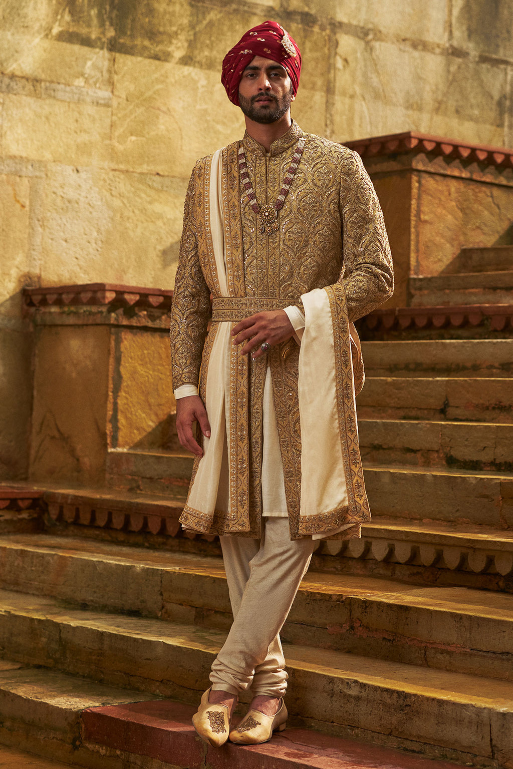 Gold Embroidered Dupion Silk Sherwani (3-Piece) - Image 1