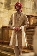 Gold Embroidered Dupion Silk Sherwani (3-Piece) - Image 3