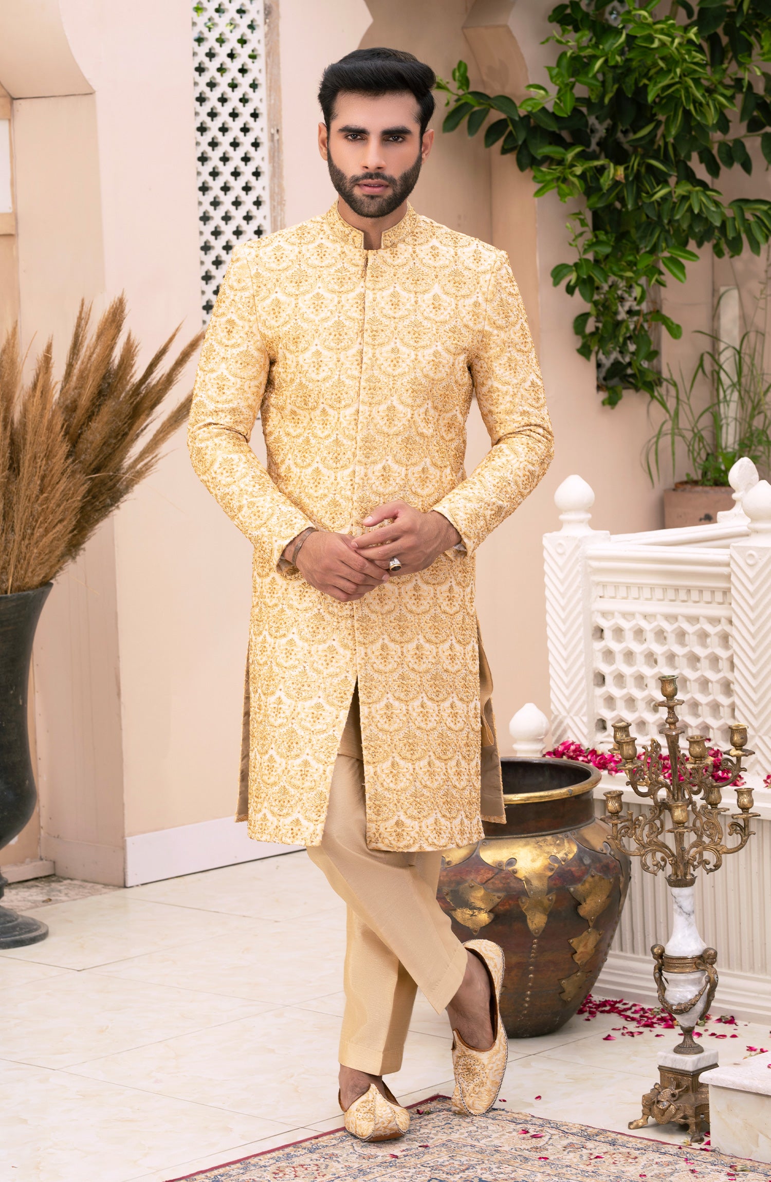 Golden Embroidered Silk Sherwani (3-Piece) - Image 1