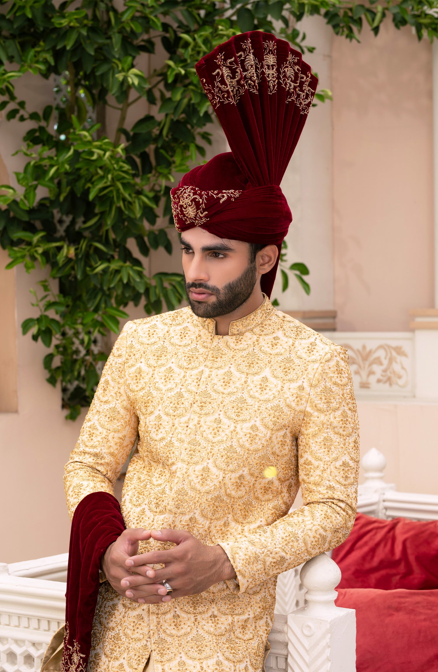 Golden Embroidered Silk Sherwani (3-Piece) - Image 2