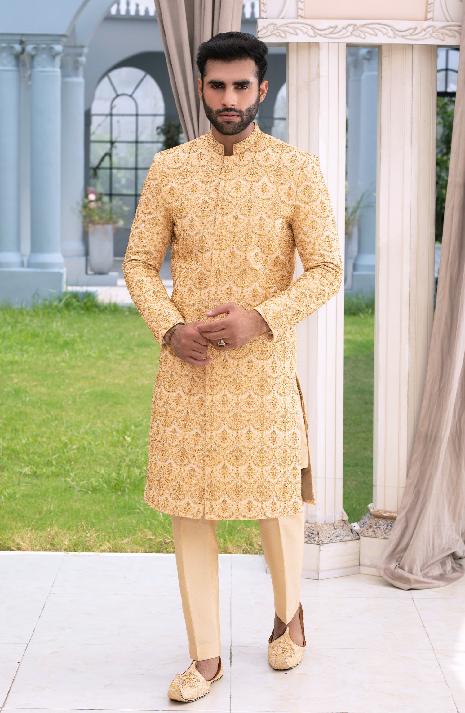 Golden Embroidered Silk Sherwani (3-Piece) - Image 3