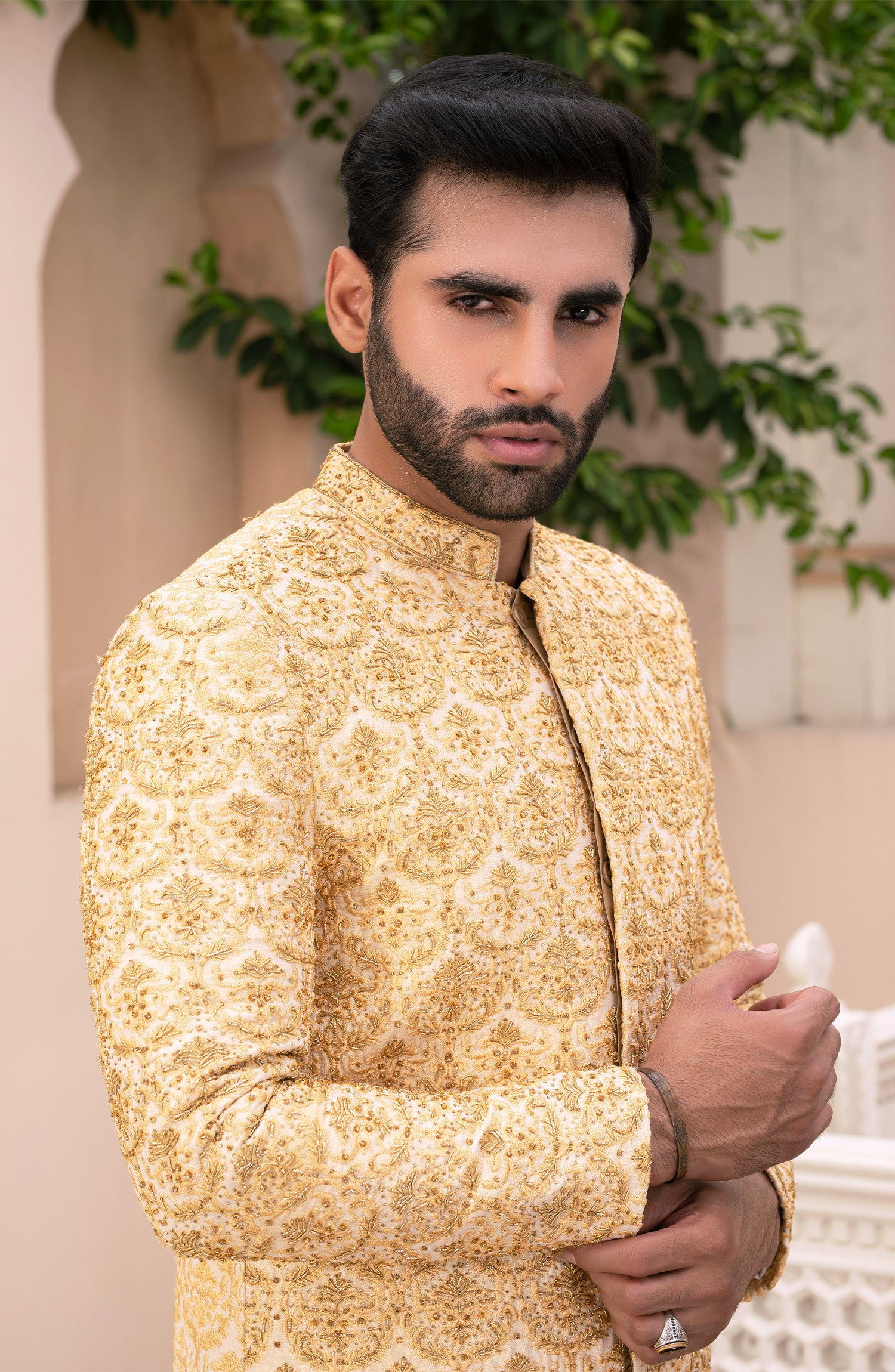 Golden Embroidered Silk Sherwani (3-Piece) - Image 4