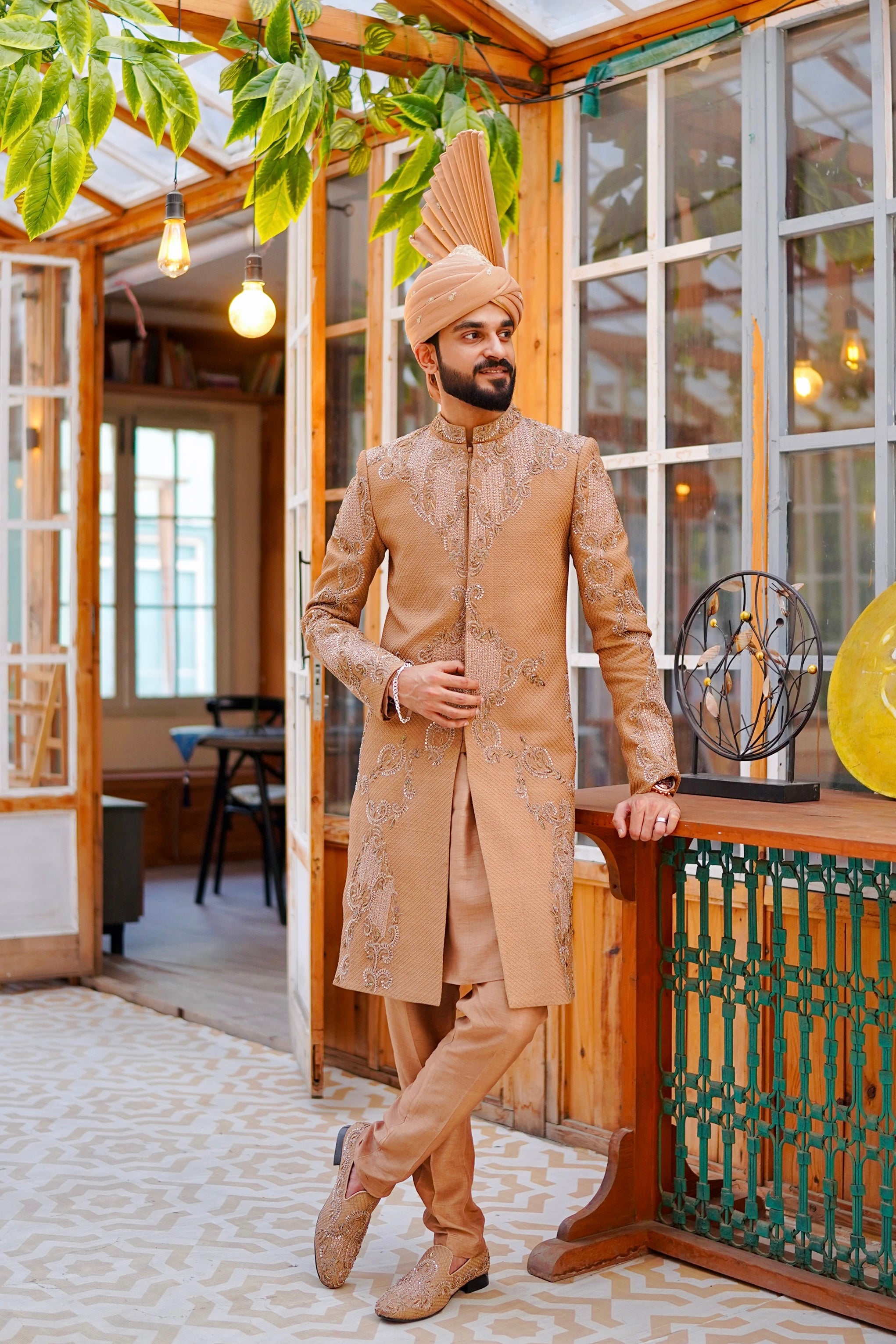Gold Embroidered Silk Sherwani Set (3-Piece) - Image 1