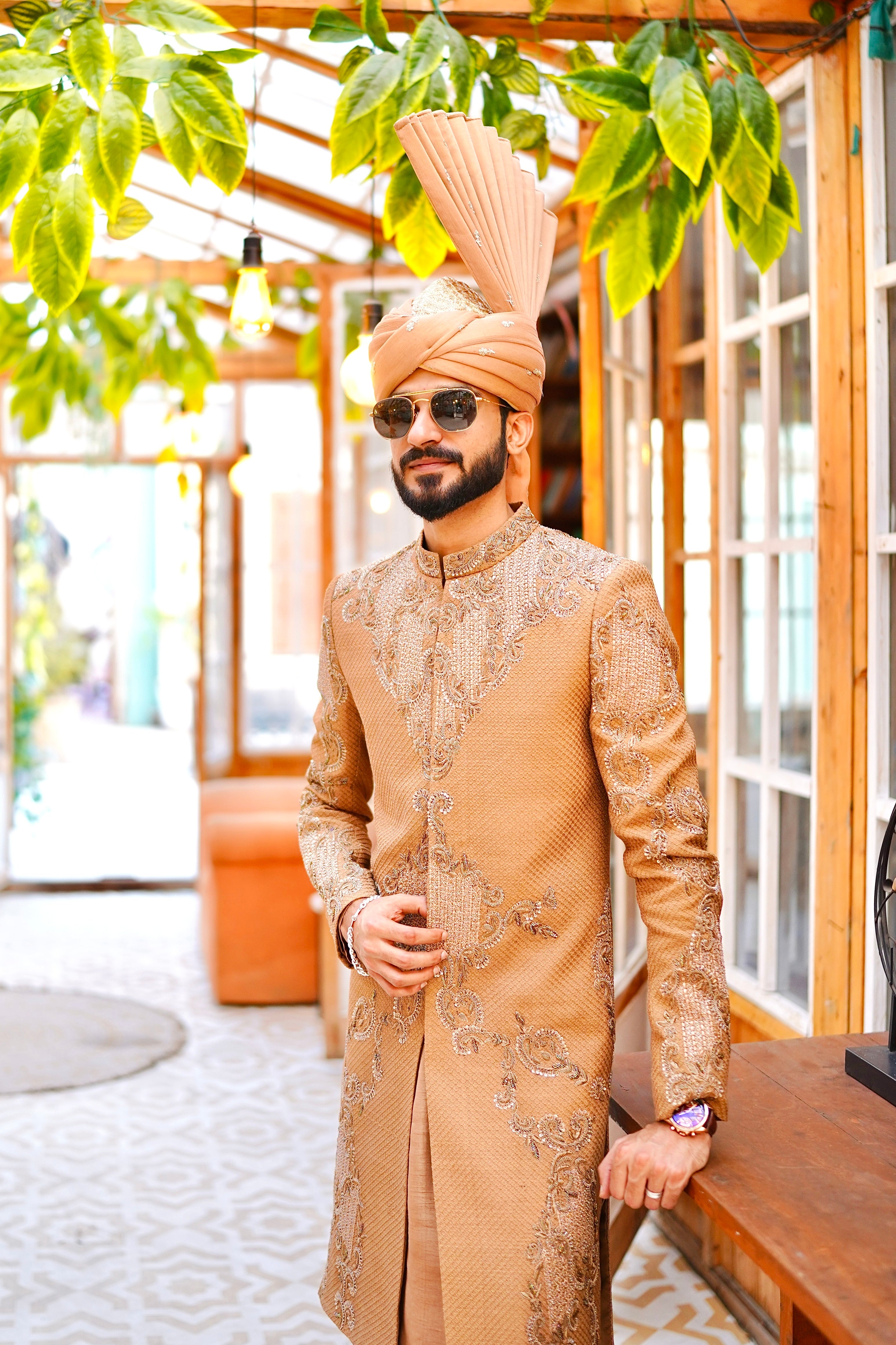 Gold Embroidered Silk Sherwani Set (3-Piece) - Image 2