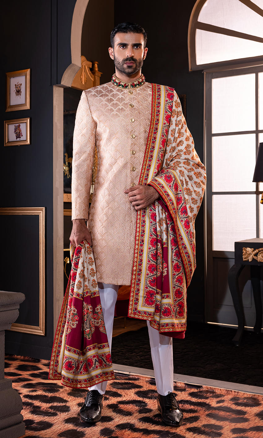 Rose Gold Self-Embroidered Sherwani (3-Piece) - Image 1