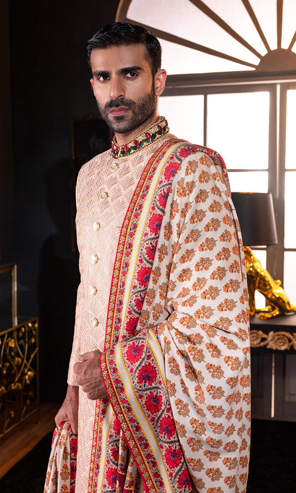 Rose Gold Self-Embroidered Sherwani (3-Piece) - Image 3