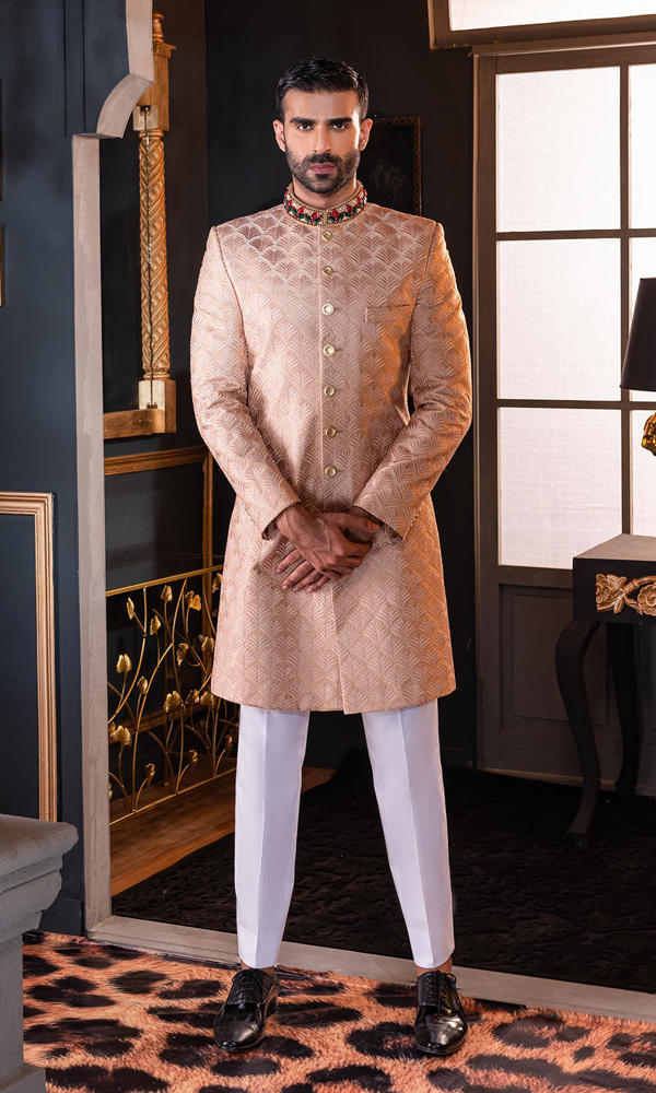 Rose Gold Self-Embroidered Sherwani (3-Piece) - Image 4