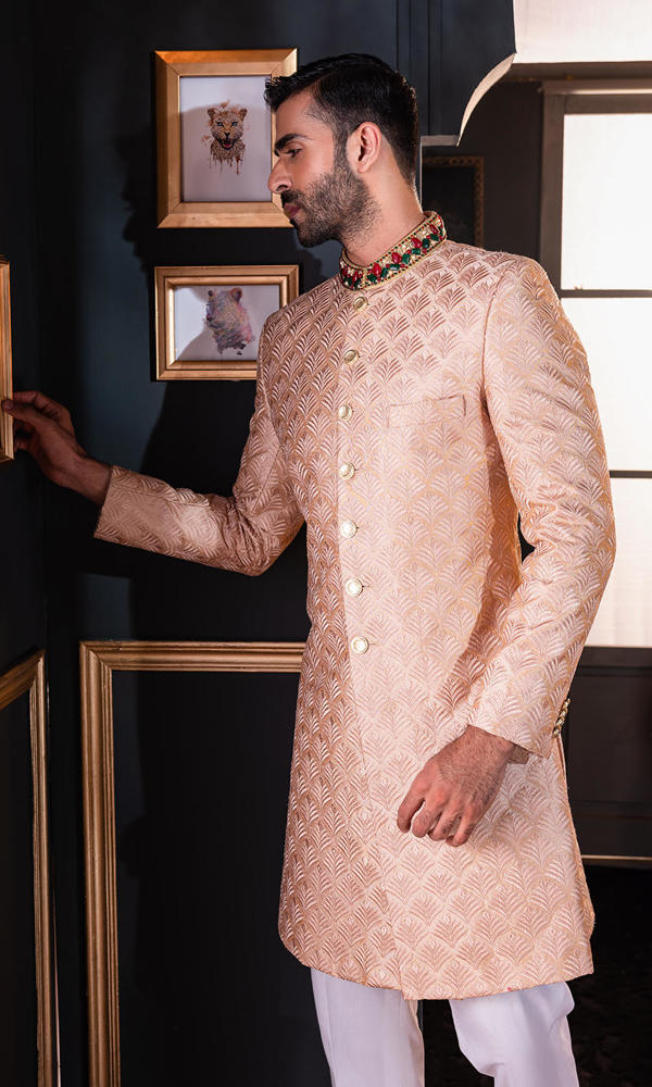 Rose Gold Self-Embroidered Sherwani (3-Piece) - Image 5