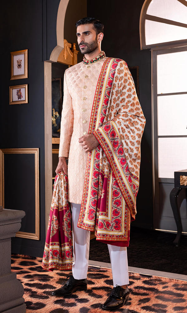 Rose Gold Self-Embroidered Sherwani (3-Piece) - Image 6