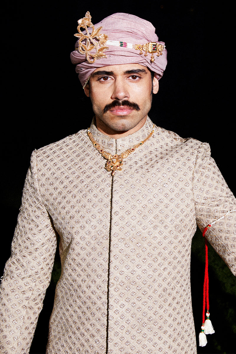 Dust Gold Marori Handloom Jacquard Sherwani (2-Piece) - Image 3
