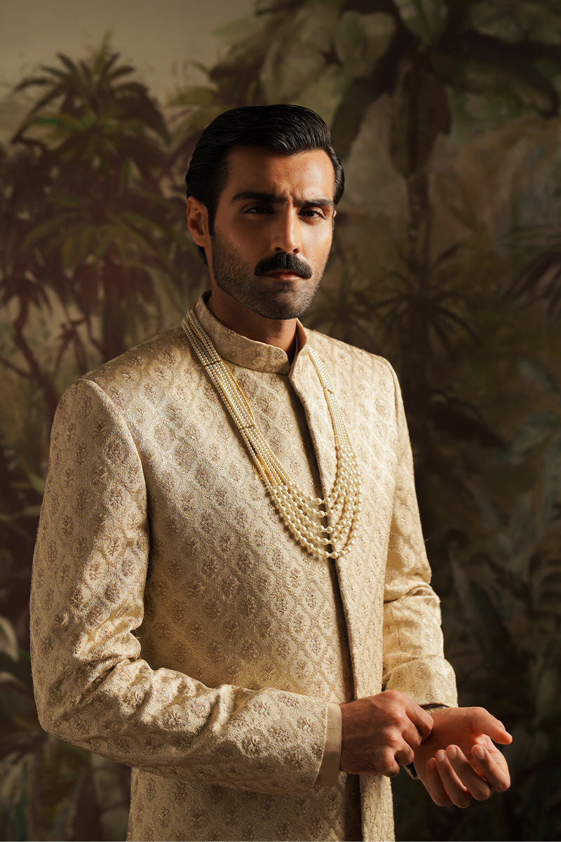 Champagne Gold Embroidered Jacquard Sherwani (3-Piece) - Image 1