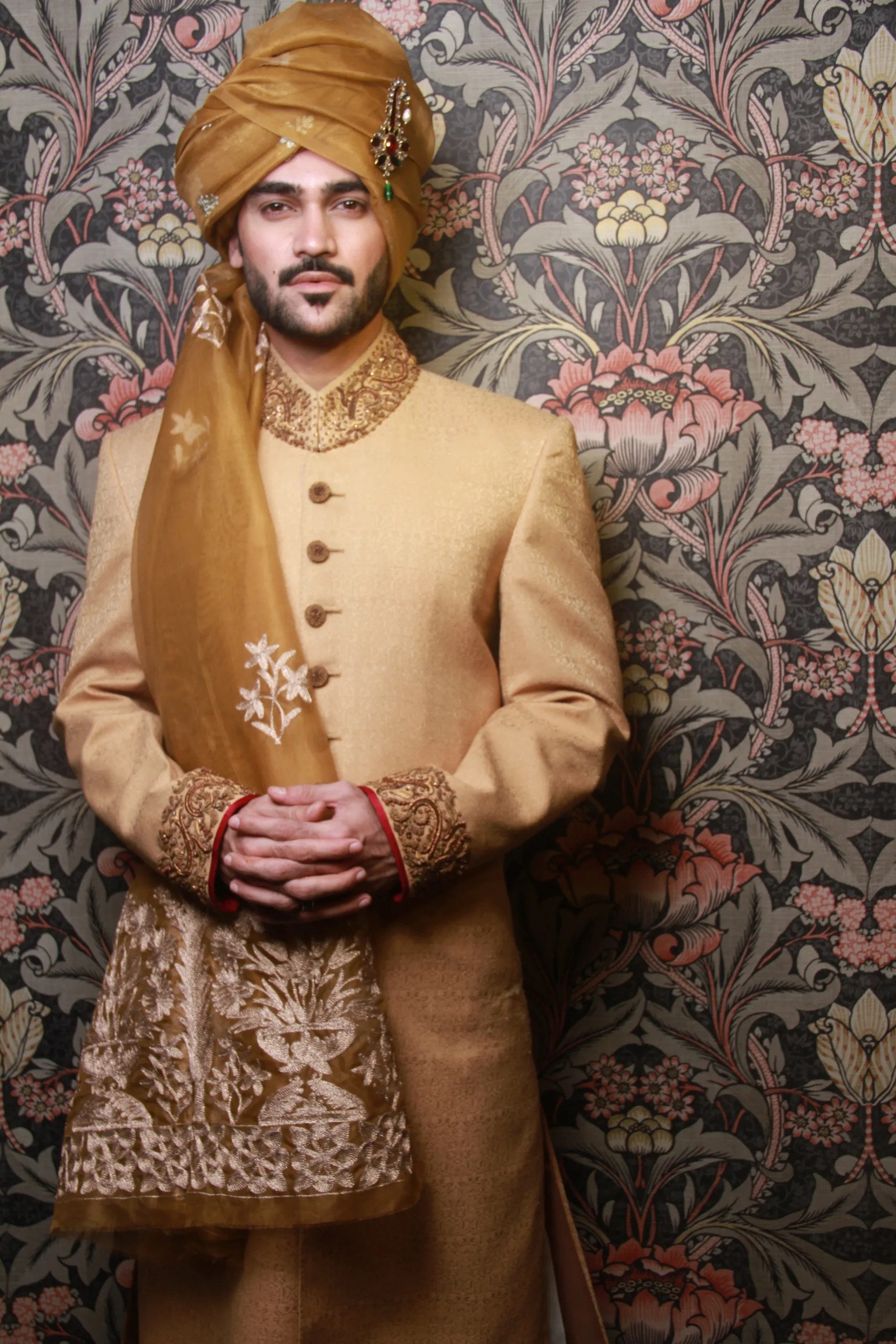 Golden Hand Embroidered Jacquard Sherwani (3-Piece) - Image 1