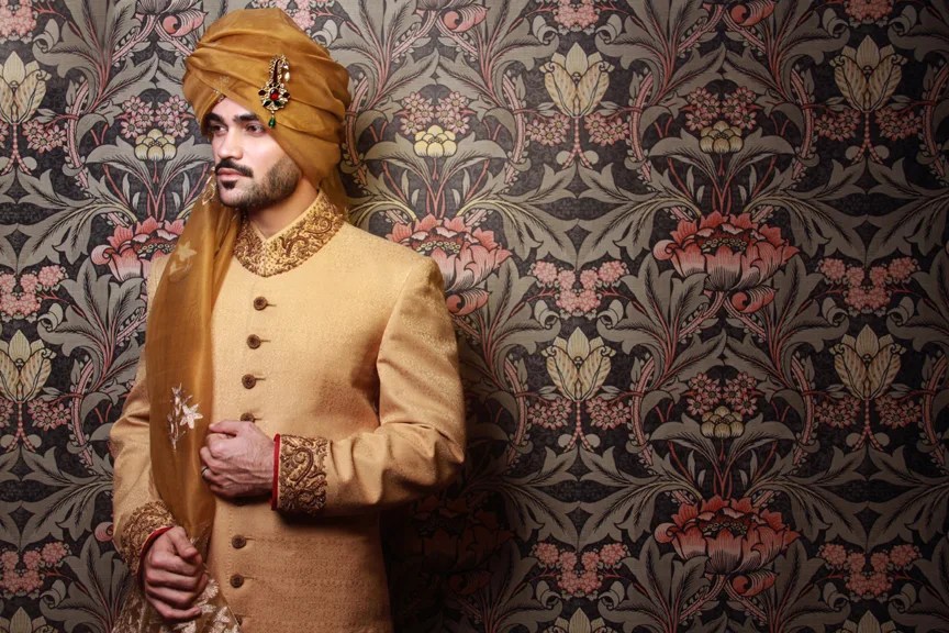 Golden Hand Embroidered Jacquard Sherwani (3-Piece) - Image 2