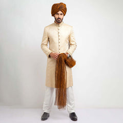 Beige Gold Zardozi Pure Jamavar Silk Sherwani (3-Piece) - Image 2