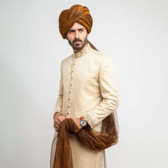 Beige Gold Zardozi Pure Jamavar Silk Sherwani (3-Piece) - Image 3