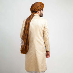 Beige Gold Zardozi Pure Jamavar Silk Sherwani (3-Piece) - Image 5