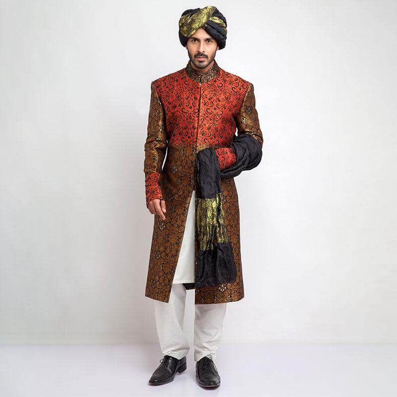 Antique Gold Zardozi Brocade Jamavar Sherwani (3-Piece) - Image 1