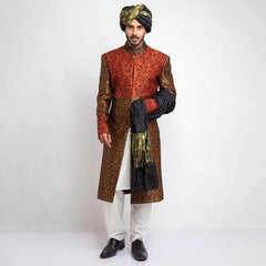 Antique Gold Zardozi Brocade Jamavar Sherwani (3-Piece) - Image 2