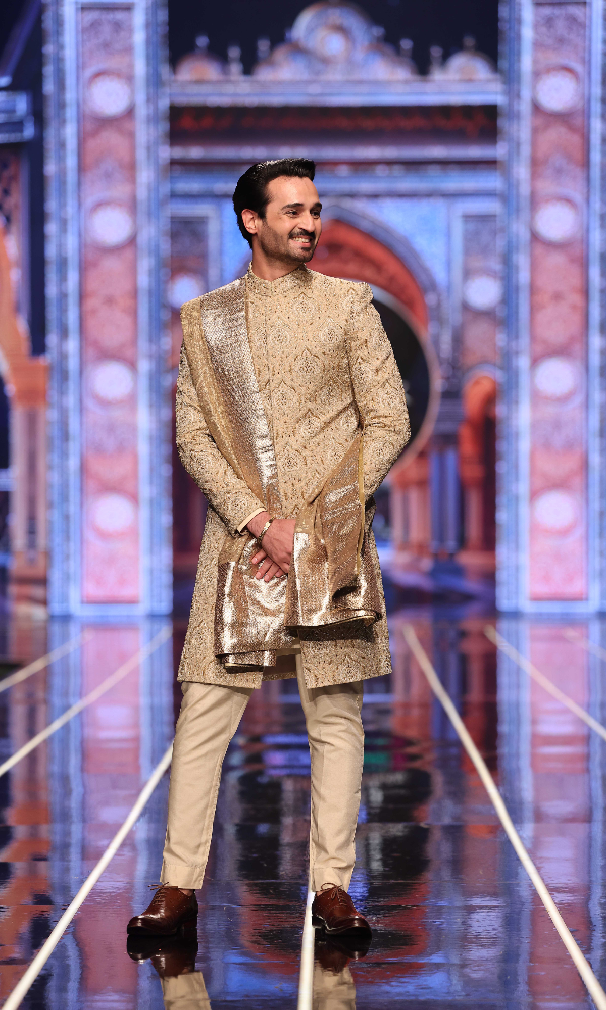 Light Gold Embroidered Jamawar Groom Sherwani (3-Piece) - Image 1
