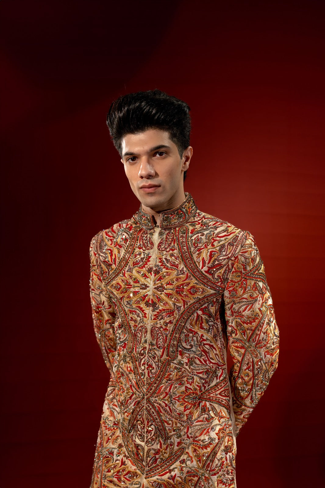 Gold and Red Embroidered Pure Jamawar Sherwani (2-Piece) - Image 2