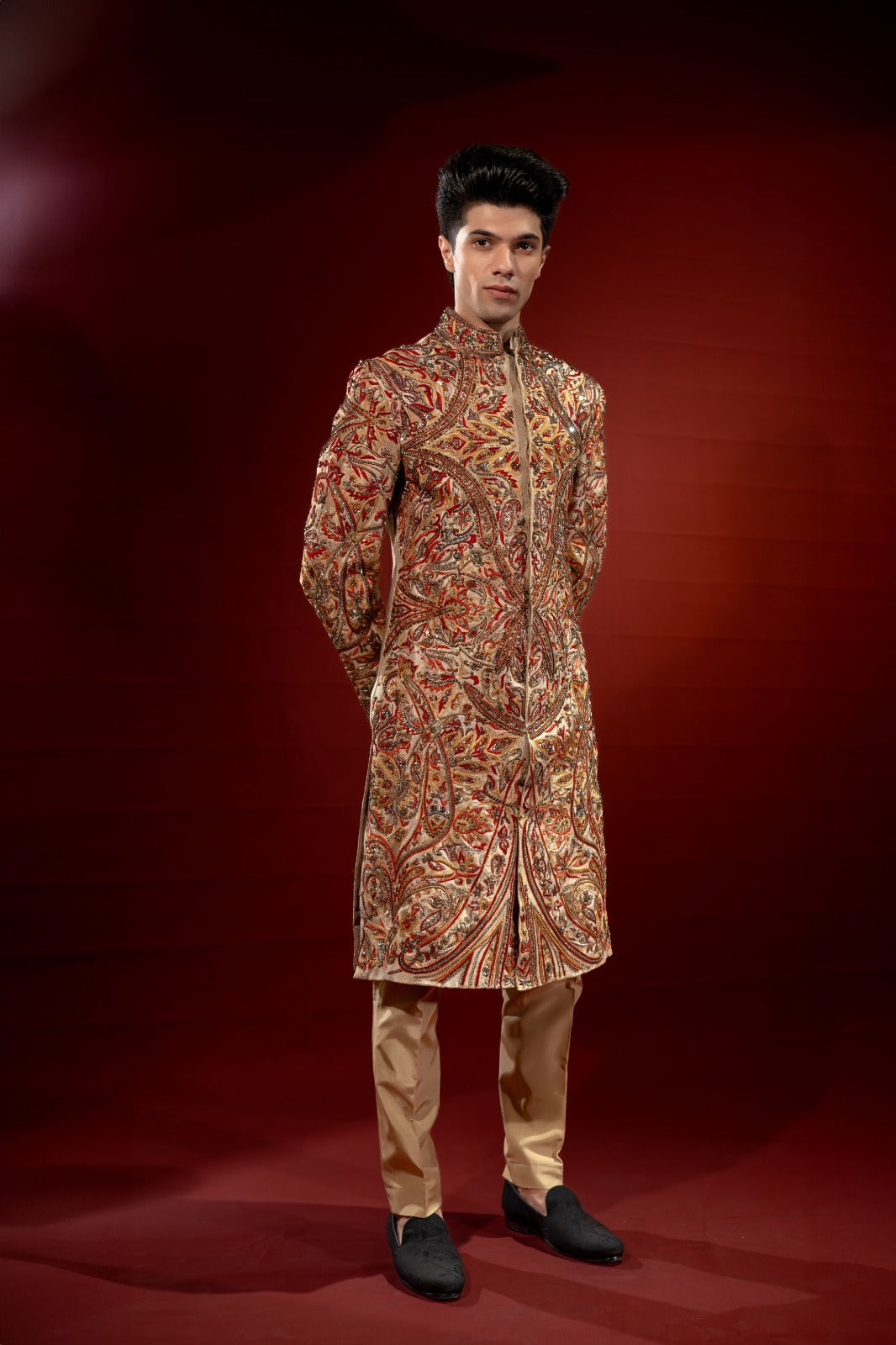 Gold and Red Embroidered Pure Jamawar Sherwani (2-Piece) - Image 6