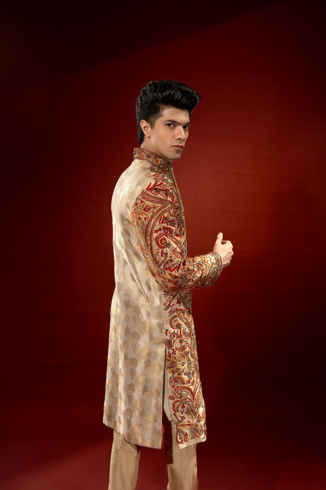 Gold Red Hand-Embellished Pure Jamawar Sherwani (2-Piece) - Image 3