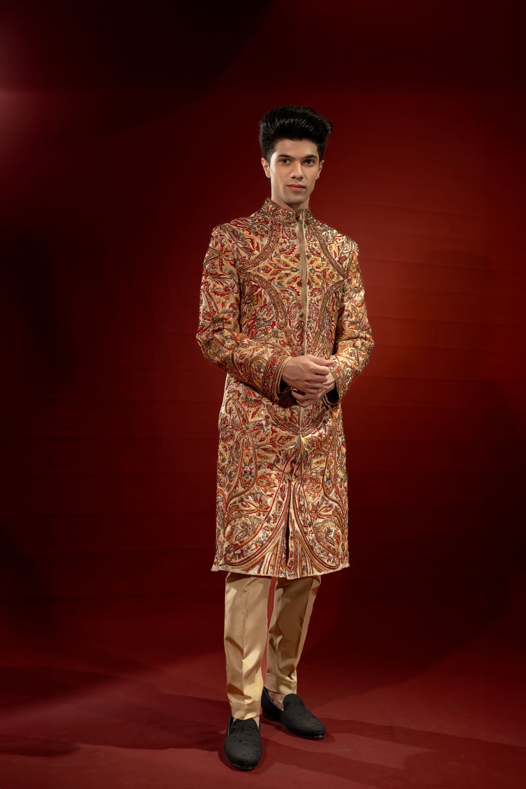 Gold Red Hand-Embellished Pure Jamawar Sherwani (2-Piece) - Image 4