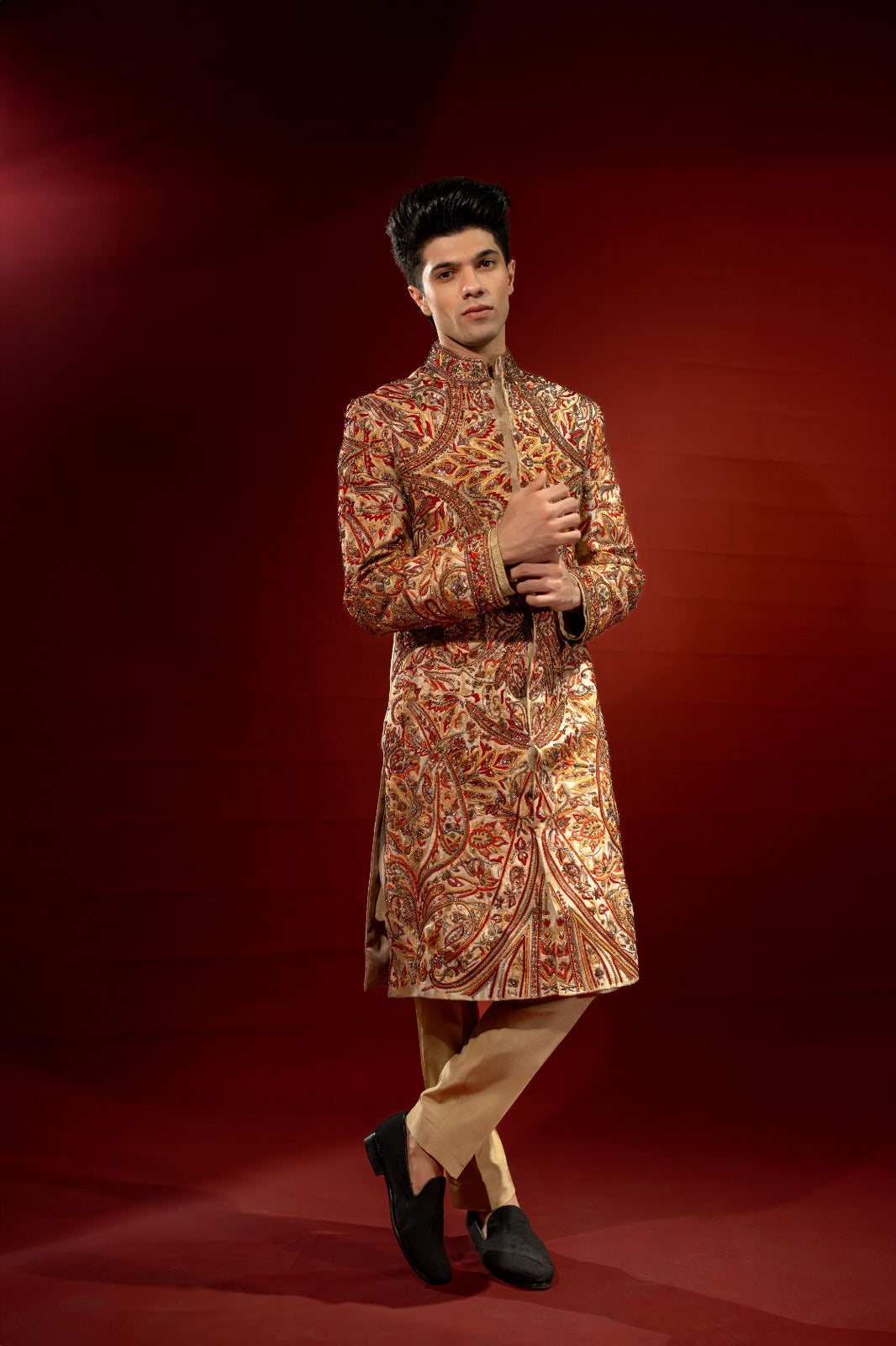 Gold Red Hand-Embellished Pure Jamawar Sherwani (2-Piece) - Image 7