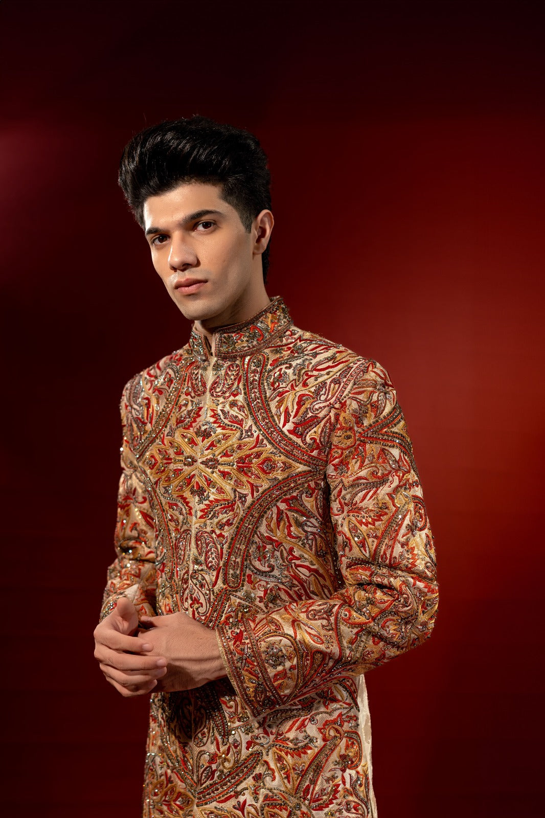 Gold Red Hand-Embellished Pure Jamawar Sherwani (2-Piece) - Image 9