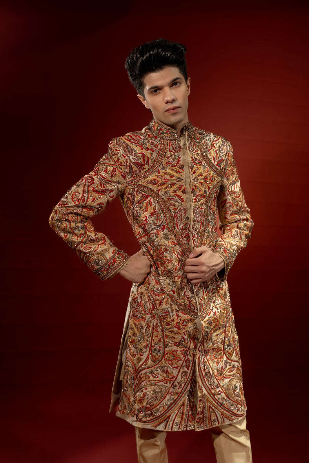 Gold and Red Embroidered Pure Jamawar Sherwani (2-Piece) - Image 1