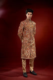 Gold and Red Embroidered Pure Jamawar Sherwani (2-Piece) - Image 4
