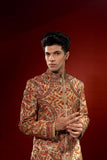 Gold and Red Embroidered Pure Jamawar Sherwani (2-Piece) - Image 6
